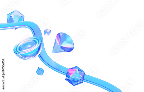 Holographic ribbon with floating prisms and abstract motion in blue and violet tones for futuristic design and visual compositions