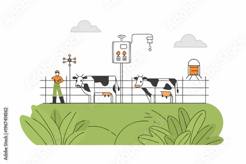 Modern dairy farm with automated milking system and farm worker illustration