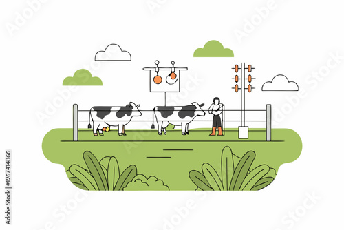 A farmer tending to cows near electric poles in a rural scene