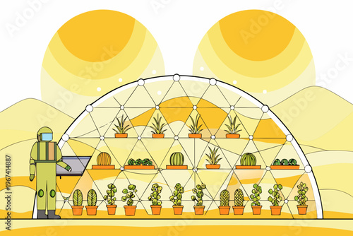 Futuristic desert greenhouse with astronaut tending to various cacti plants