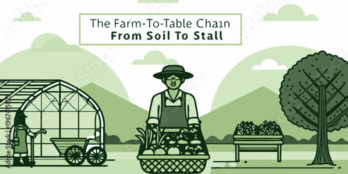 Illustration depicts the farm to table process from growing to market stall