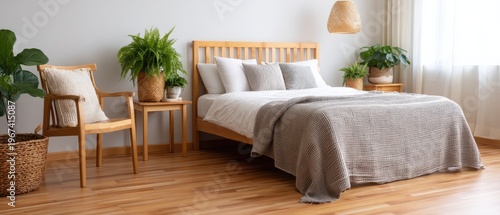 A white bedroom features light wood furniture, an armchair, plants, and soft natural light coming through the window