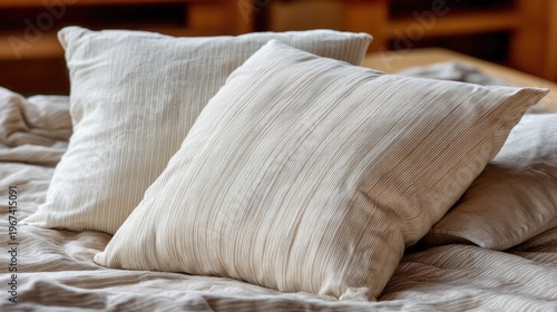 Striped pillows are placed on a bed in a bedroom interior with a blurred background showcasing minimalist home decor