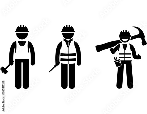 Three stick figures depicting construction workers or handymen with various tools and safety gear, illustrating different roles in manual labor.