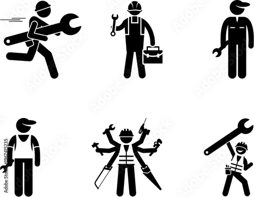 Stick figures depicting various types of handymen, mechanics, and repairmen with different tools and equipment for service and maintenance.