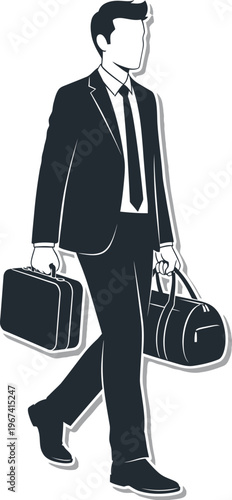 Businessman walks purposefully carrying a briefcase and a duffel bag.