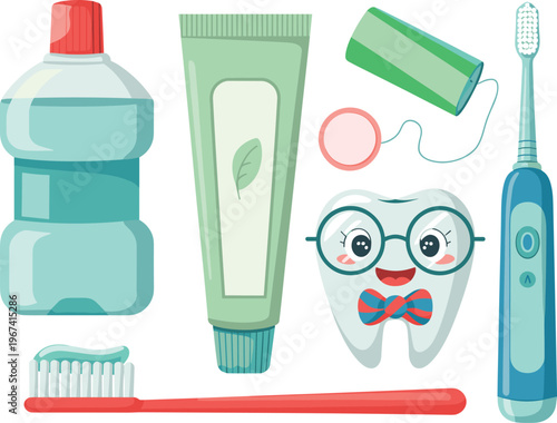 Oral hygiene dental care illustration with toothbrush toothpaste mouthwash floss electric brush and smiling tooth character set