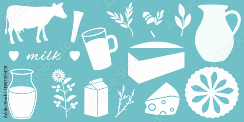 A collection of dairy related icons and illustrations in white