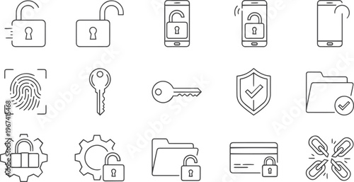 Cyber Security and Mobile Access Control Line Icon Set - Data Privacy and Protection Vector Illustration