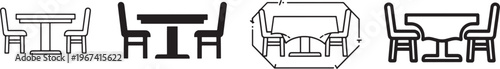 Dining furniture line icon set featuring tables, chairs, sofa seating and home interior minimal outline vector icons for restaurant, cafe and furniture design
