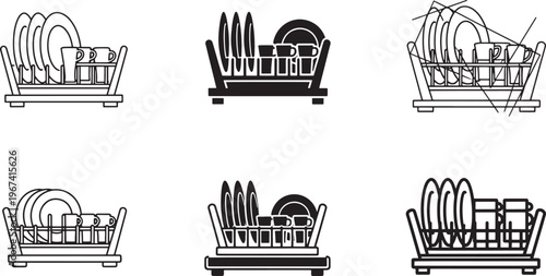 Dish rack kitchen storage line icon set featuring plate drying racks, dish organizers and kitchen cleaning accessories minimal outline vector icons for home and kitchen design
