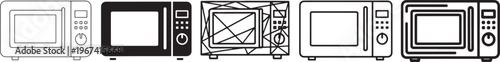 Microwave oven appliance line icon set featuring kitchen electronics, home cooking appliances and food heating minimal outline vector icons for kitchen and home design
