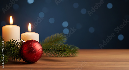Cozy festive ambiance lit candles, a vibrant Christmas ornament, and fir branches on wood