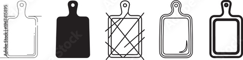 Cutting board kitchen line icon set featuring chopping boards, food prep tools and cooking accessories minimal outline vector icons for kitchen and culinary design