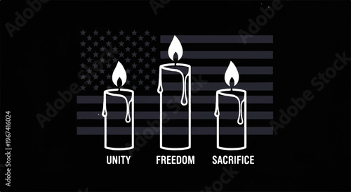 Three lit candles with unity freedom sacrifice text on american flag background