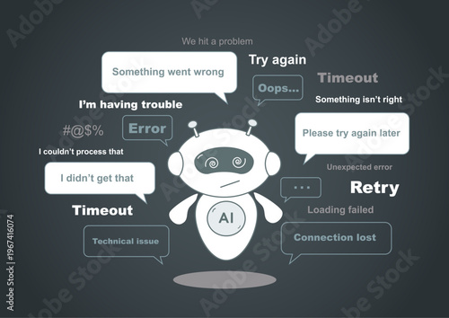 Illustation of AI assistant character surrounded by multiple error messages.