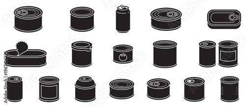 Collection of various black and white line art icons depicting different types of food cans and beverage containers