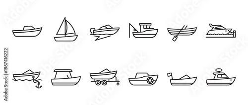 Collection of various simple black outline boat icons, including sailboats, motorboats, and fishing vessels, presented on a clean white field