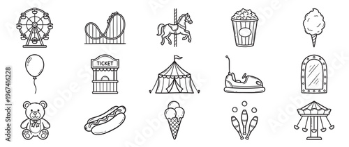 Collection of black outline carnival and amusement park icons includes a Ferris wheel, roller coaster, and circus tent
