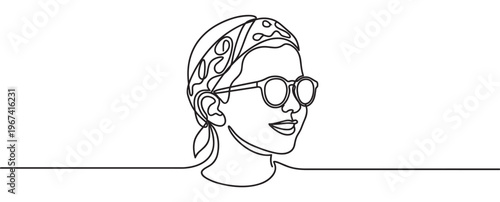 Continuous line drawing of a smiling woman wearing a patterned bandana and stylish round glasses, looking right