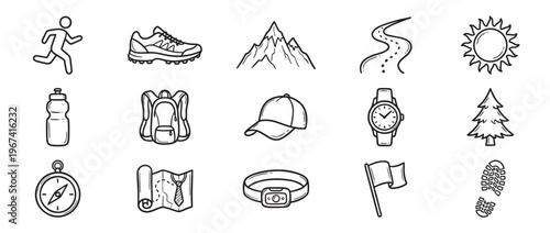 Collection of fifteen hand-drawn black and white doodle icons representing various outdoor and hiking activities and gear