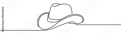 Continuous line drawing of a classic cowboy hat with a wide brim and rounded crown on a white surface