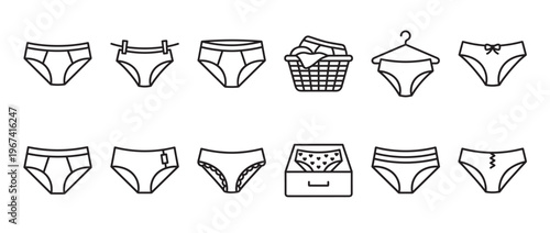 Collection of various line art underwear icons, including briefs, panties, and a laundry basket, presented in a clean, minimalist style