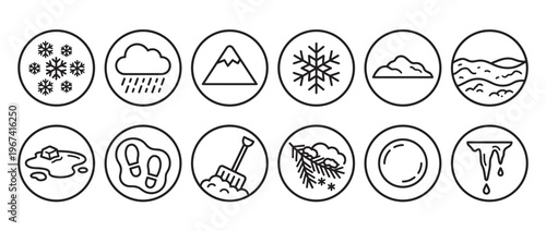 Collection of twelve black outline icons depicting various winter weather conditions and related activities, presented in a clean, minimalist style