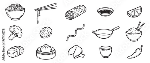 Collection of hand-drawn Asian food and cooking elements, including noodles, sushi, rice, and a wok, in a clean, graphic style