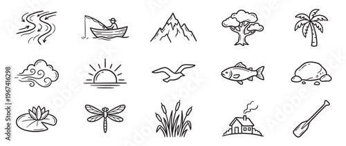 Collection of hand-drawn nature and outdoor activity icons, including a river, fisherman, mountain, tree, palm, cloud, sun, bird, fish, rock, lily pad, dragonfly, cattails, house, and