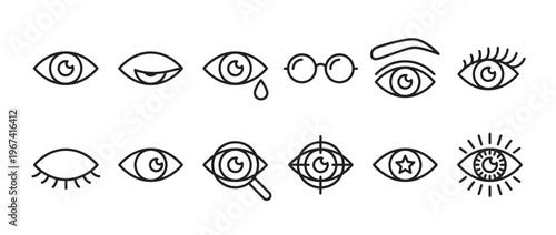 Collection of various simple eye line icons depicting different states of vision and emotion, presented in a clean, minimalist style