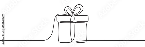 Simple black continuous line drawing of a gift box with a bow on top, presented in a minimalist style