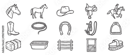Collection of hand-drawn black and white line art illustrations depicting various cowboy and horse riding elements