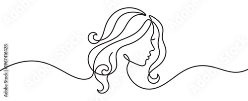 Beautiful woman's face with flowing hair is depicted in a continuous line art drawing, showcasing elegance and simplicity