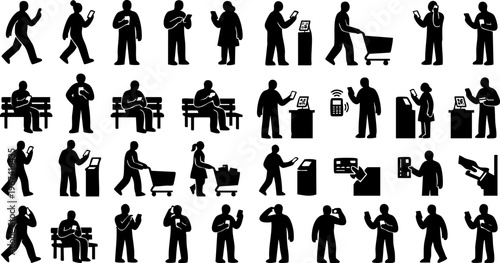 Mobile payment and smartphone usage silhouettes set, people digital lifestyle shopping and contactless payment vector icons