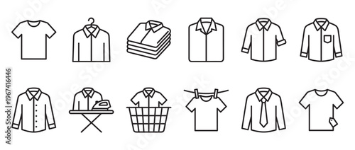 Collection of various outline icons representing different types of shirts, laundry activities, and clothing care
