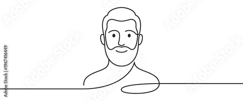 Continuous line drawing of a smiling bearded man with short hair, rendered in a minimalist black and white style