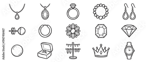 Collection of hand-drawn jewelry icons, including necklaces, rings, earrings, bracelets, and gems, presented in a clean, illustrative style