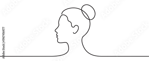 Minimalist continuous line drawing of a woman's profile with a bun, facing left, rendered in a simple, elegant style