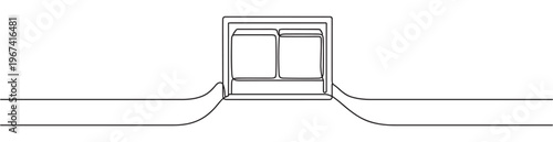 Simple black line art drawing of a subway train entering a tunnel, viewed from the front
