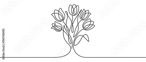 Beautiful continuous line art drawing of a bouquet of tulips with elegant flowing stems and petals, rendered in black on a white field