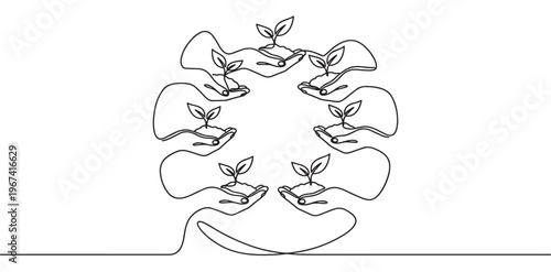Eight hands holding small green plants in soil, arranged in a circular pattern, drawn with a single continuous line