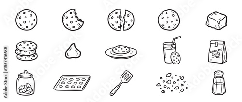 Collection of hand-drawn chocolate chip cookie icons in various states, including whole, bitten, broken, and with milk
