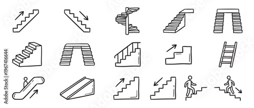 Collection of hand-drawn black and white icons depicting various types of stairs, escalators, ramps, and ladders with arrows indicating direction
