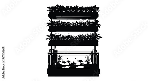 Stacked aquarium and plant shelves presented as a dark silhouette