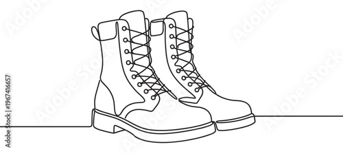 Pair of black outline combat boots with laces is depicted in a continuous line art style