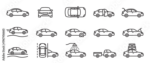 Collection of simple line art car icons depicting various views and situations, presented in a clean, modern style