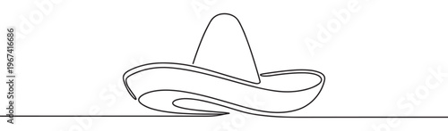 Continuous line drawing of a traditional Mexican sombrero hat with a wide brim and pointed crown, rendered in a minimalist black outline style
