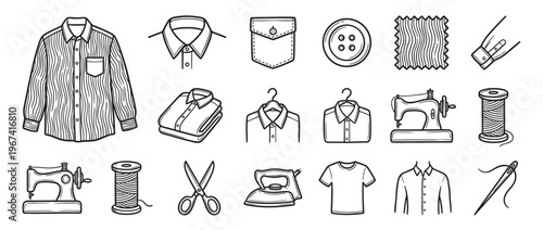 Various hand-drawn black and white clothing and sewing items are arranged neatly in a collection of illustrations