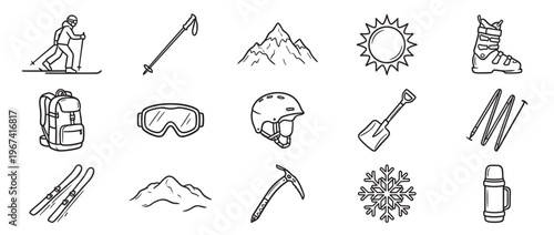 Collection of fifteen hand-drawn black outline icons representing various winter sports, mountain climbing, and cold weather equipment
